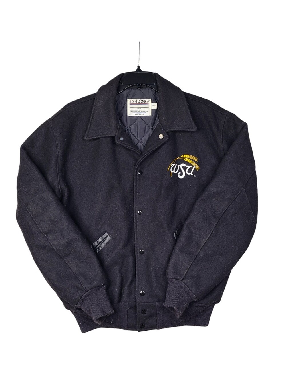 Vintage Delong Wichita State University WSU Black Wool Varsity Jacket Size Large